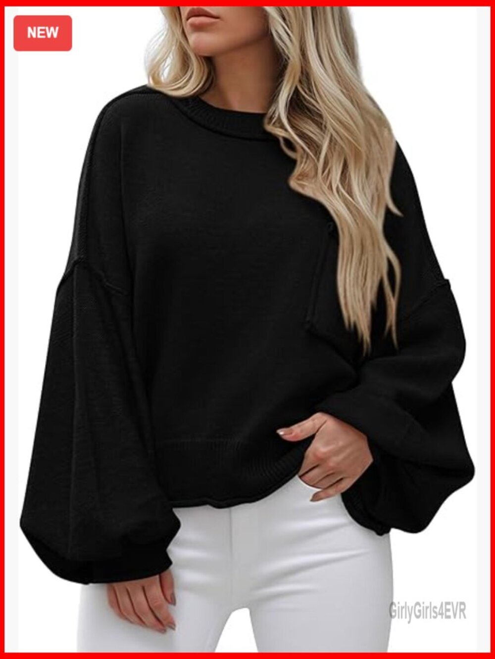Oversized Lantern Sleeve Crewneck Pullover Sweater